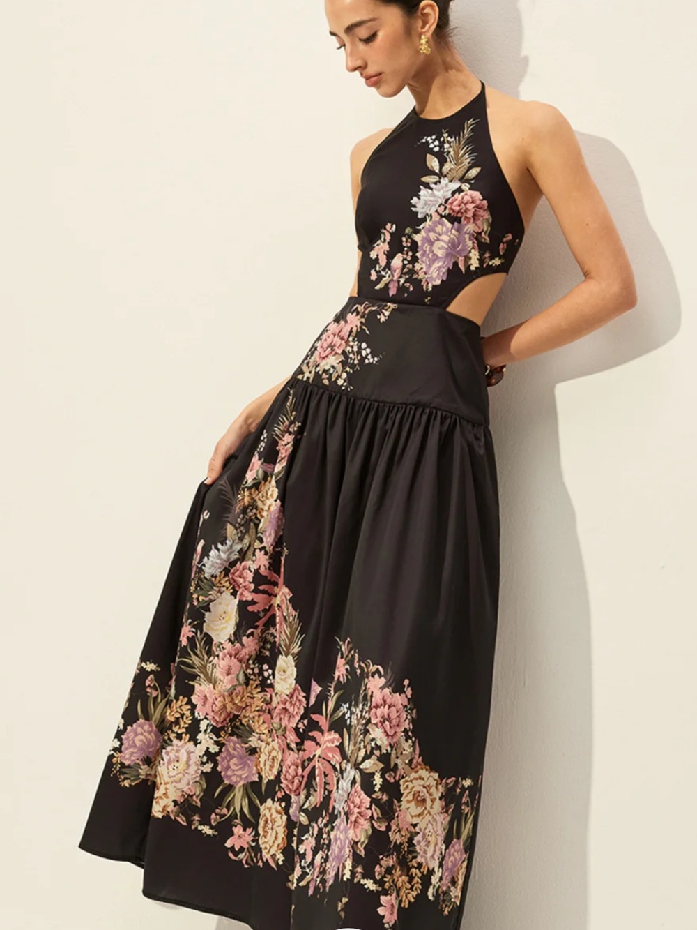 Black Floral Halter Cutout Maxi Dress